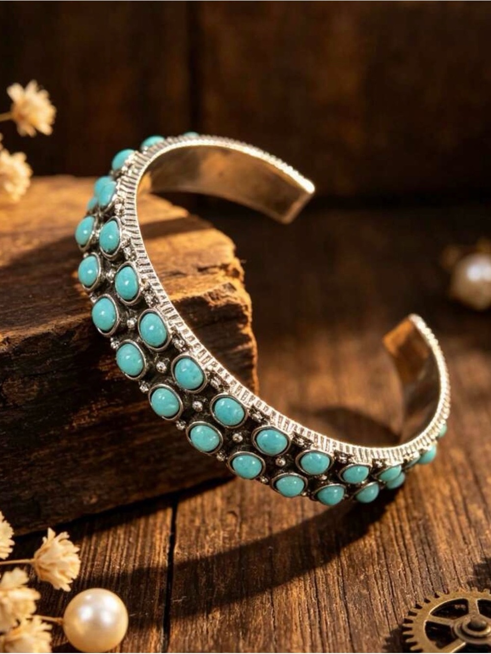 Silver Cuff Bracelet with Turquoise Stones - Women's Jewelry
